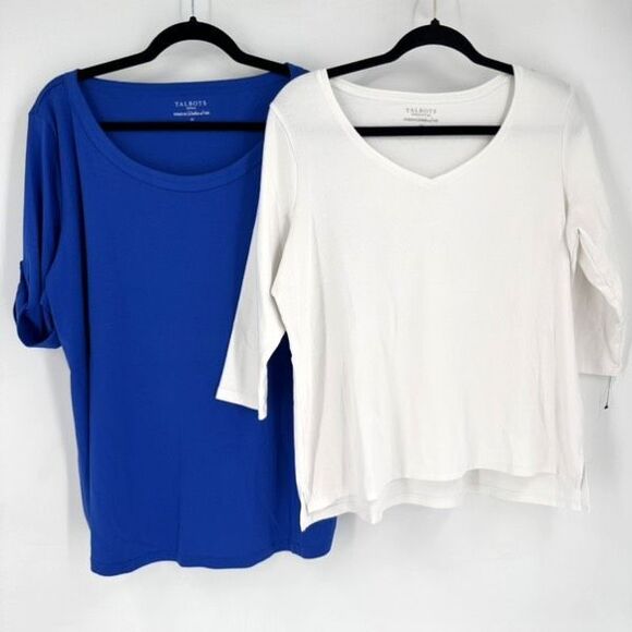 Talbots Stretch Weekend Tee Shirt Size 2X Petite White Roll Cuff Blue White‎ - Picture 1 of 13